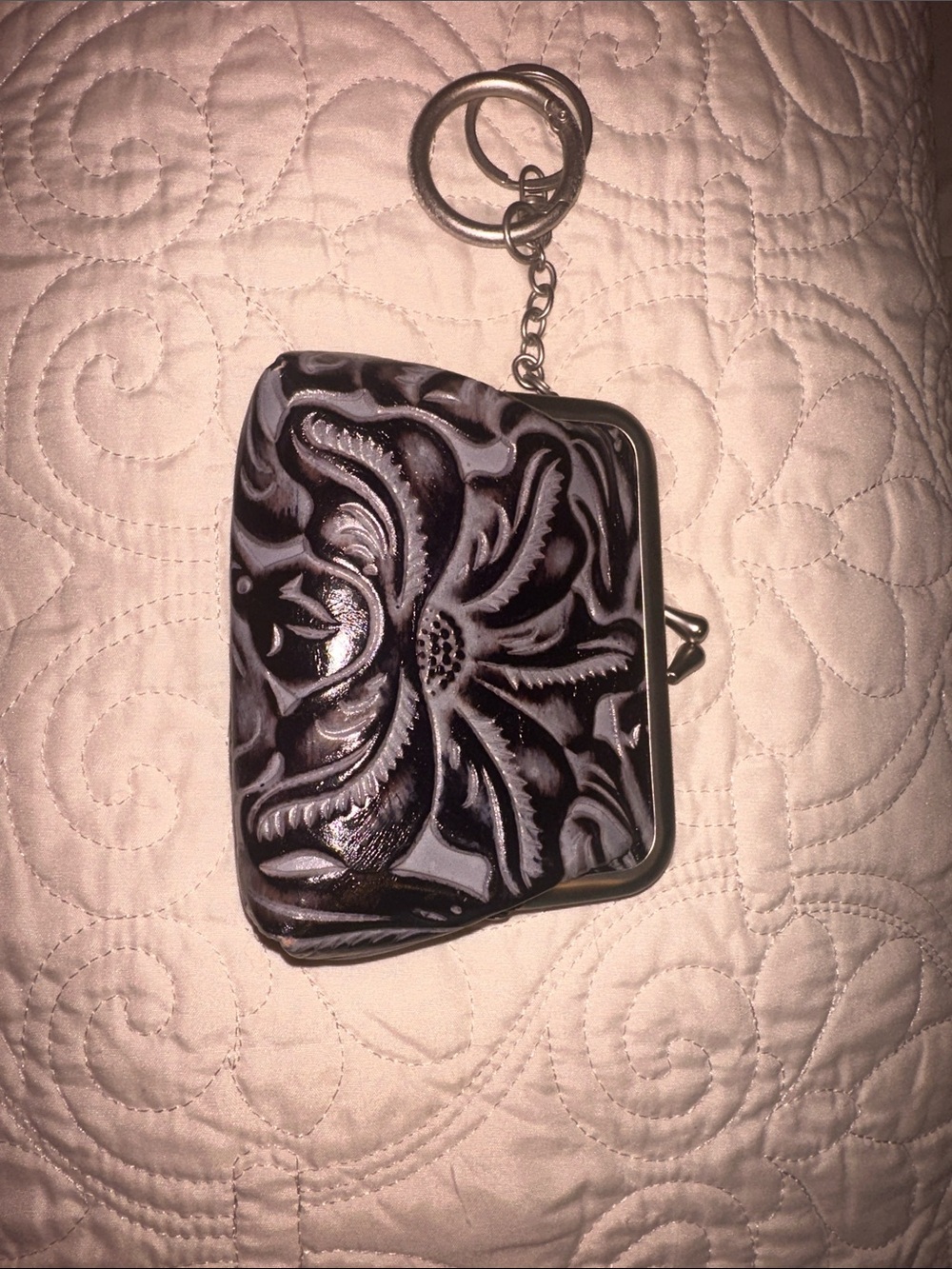 Leather Patricia Nash coin purse. Black and Gray.